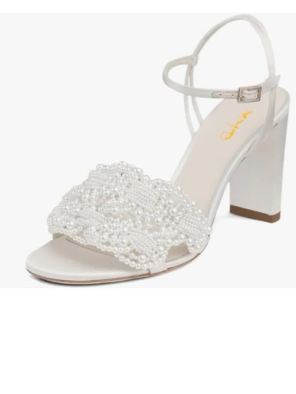 XYD White Block Heel Pearl Sandals for Bride Open Toe Buckled Ankle Strap Shoes